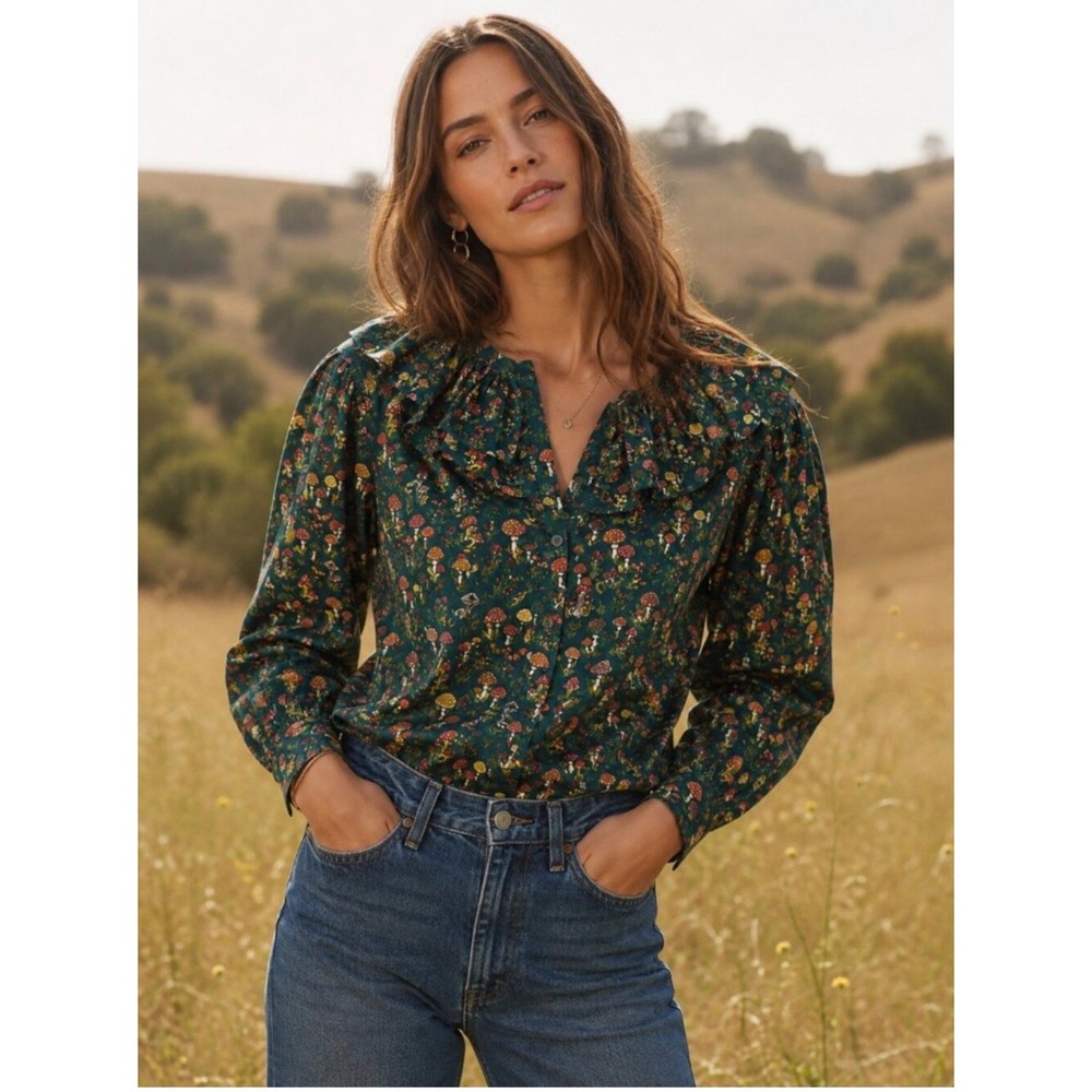 J.Crew Collection Ruffle Silk Blouse Womens S Green Excellent Mushroom AU261